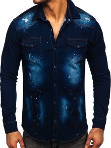 Bolf Herren Jeanshemd Langarm Dunkelblau  R703