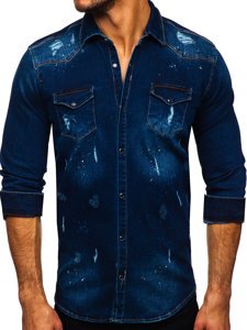 Bolf Herren Jeanshemd Langarm Dunkelblau  R801