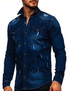 Bolf Herren Jeanshemd Langarm Dunkelblau  R801