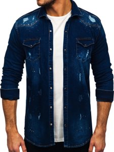 Bolf Herren Jeanshemd Langarm Dunkelblau  R801