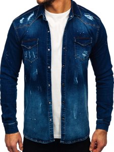 Bolf Herren Jeanshemd Langarm Dunkelblau  R802