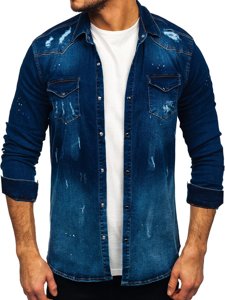 Bolf Herren Jeanshemd Langarm Dunkelblau  R802