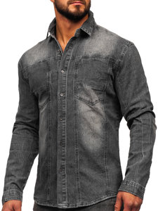 Bolf Herren Jeanshemd Langarm Schwarzgrau  MC712G