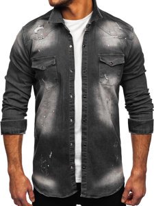 Bolf Herren Jeanshemd Langarm Schwarzgrau  R710