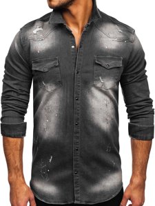 Bolf Herren Jeanshemd Langarm Schwarzgrau  R710