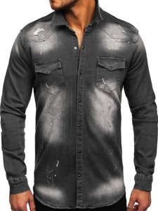 Bolf Herren Jeanshemd Langarm Schwarzgrau  R710