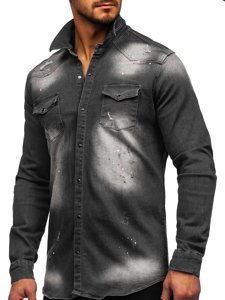 Bolf Herren Jeanshemd Langarm Schwarzgrau  R710