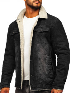 Bolf Herren Jeansjacke Trucker Warm Gefüttert mit Teddy Kragen Schwarz  1158