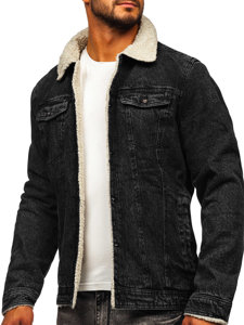 Bolf Herren Jeansjacke Trucker Warm Gefüttert mit Teddy Kragen Schwarz  1159