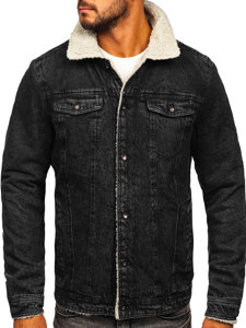 Bolf Herren Jeansjacke Trucker Warm Gefüttert mit Teddy Kragen Schwarz  1159