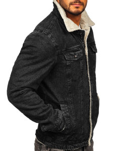 Bolf Herren Jeansjacke Trucker Warm Gefüttert mit Teddy Kragen Schwarz  1159