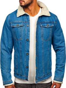 Bolf Herren Jeansjacke Turcker Jacke Warm Gefüttert mit Teddyfell Kragen Blau  1157