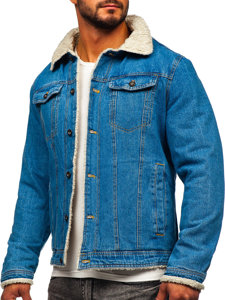 Bolf Herren Jeansjacke Turcker Jacke Warm Gefüttert mit Teddyfell Kragen Blau  1157