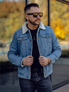 Bolf Herren Jeansjacke Turcker Jacke Warm Gefüttert mit Teddyfell Kragen Blau  1157