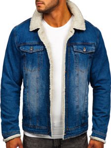 Bolf Herren Jeansjacke Turcker Jacke Warm Gefüttert mit Teddyfell Kragen Dunkelblau  1153