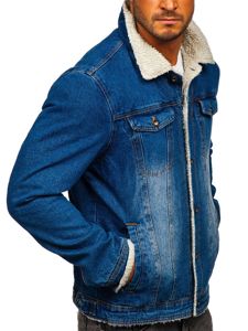 Bolf Herren Jeansjacke Turcker Jacke Warm Gefüttert mit Teddyfell Kragen Dunkelblau  1153