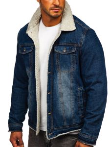 Bolf Herren Jeansjacke Turcker Jacke Warm Gefüttert mit Teddyfell Kragen Dunkelblau  1155