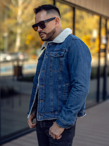 Bolf Herren Jeansjacke Turcker Jacke Warm Gefüttert mit Teddyfell Kragen Dunkelblau  1156