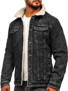 Bolf Herren Jeansjacke Turcker Jacke Warm Gefüttert mit Teddyfell Kragen Schwarz  1160