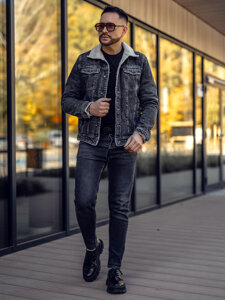 Bolf Herren Jeansjacke Turcker Jacke Warm Gefüttert mit Teddyfell Kragen Schwarz  1160