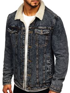 Bolf Herren Jeansjacke Turcker Jacke Warm Gefüttert mit Teddyfell Kragen Schwarzgrau  1109