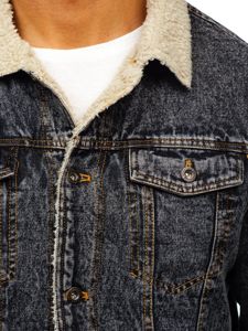 Bolf Herren Jeansjacke Turcker Jacke Warm Gefüttert mit Teddyfell Kragen Schwarzgrau  1109