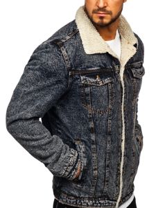 Bolf Herren Jeansjacke Turcker Jacke Warm Gefüttert mit Teddyfell Kragen Schwarzgrau  1109