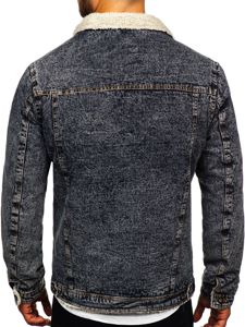 Bolf Herren Jeansjacke Turcker Jacke Warm Gefüttert mit Teddyfell Kragen Schwarzgrau  1109