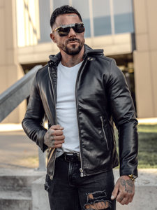 Bolf Herren Kunstleder Jacke Biker mit Kapuze Schwarz  11Z8012