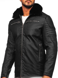 Bolf Herren Kunstleder Jacke Biker mit Teddyfell Schwarz11Z8013