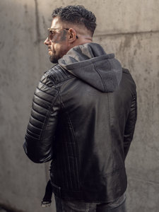 Bolf Herren Kunstleder Jacke mit Kapuze Biker Schwarz  11Z8005