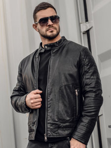 Bolf Herren Kunstlederjacke Biker Warm Gefüttert Schwarz  92531