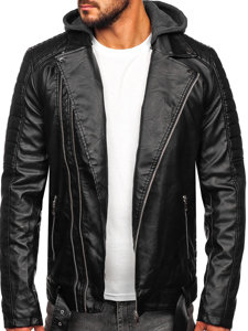 Bolf Herren Kunstlederjacke Biker mit Kapuze Schwarz 11Z8005