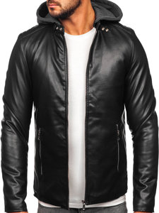 Bolf Herren Kunstlederjacke Biker mit Kapuze Schwarz  11Z8012-A