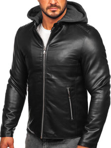 Bolf Herren Kunstlederjacke Biker mit Kapuze Schwarz  11Z8012-A