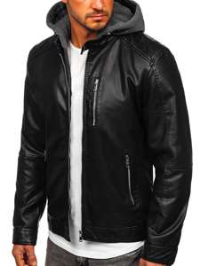 Bolf Herren Kunstlederjacke mit Kapuze Schwarz  1150