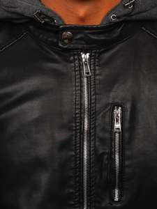 Bolf Herren Kunstlederjacke mit Kapuze Schwarz  1150