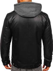 Bolf Herren Kunstlederjacke mit Kapuze Schwarz  1150