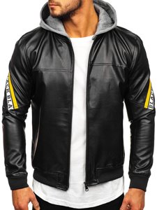 Bolf Herren Kunstlederjacke mit Kapuze Schwarz-Gelb  HY614