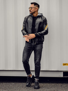 Bolf Herren Kunstlederjacke mit Kapuze Schwarz-Gelb  HY614