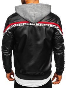 Bolf Herren Kunstlederjacke mit Kapuze Schwarz-Rot  HY614