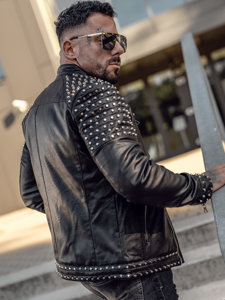 Bolf Herren Kunstlederjacke mit Nieten Schwarz  11Z8007