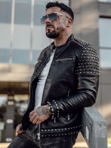 Bolf Herren Kunstlederjacke mit Nieten Schwarz  11Z8007