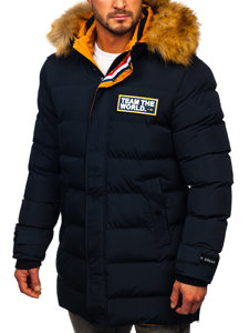 Bolf Herren Lange Gepolsterte Winterjacke Dunkelblau  6477