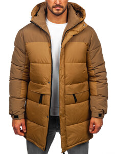 Bolf Herren Lange Gepolsterte Winterjacke mit Kapuze Camel  31M5016