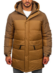 Bolf Herren Lange Gepolsterte Winterjacke mit Kapuze Camel  31M5016