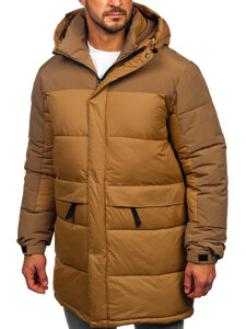 Bolf Herren Lange Gepolsterte Winterjacke mit Kapuze Camel  31M5016