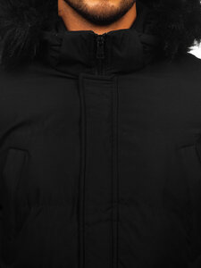 Bolf Herren Lange Gepolsterte Winterjacke mit Kapuze Schwarz  8011