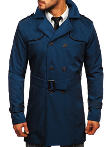 Bolf Herren Mantel Zweireihiger Trenchcoat mit Hochkragen und Gürtel Hellblau  0001