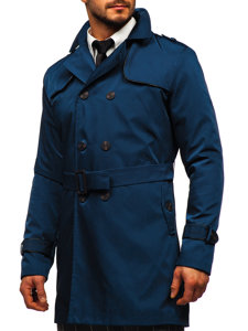 Bolf Herren Mantel Zweireihiger Trenchcoat mit Hochkragen und Gürtel Hellblau  0001